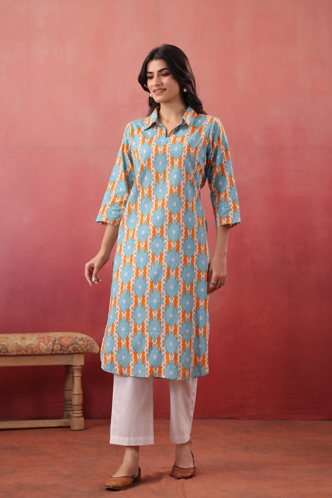 Sky Blue Cotton Printed Straight Kurta
