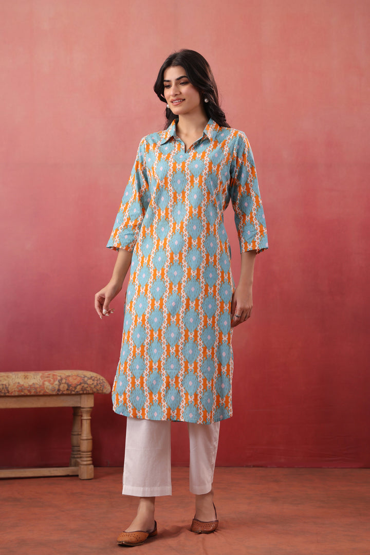 Sky Blue Cotton Printed Straight Kurta