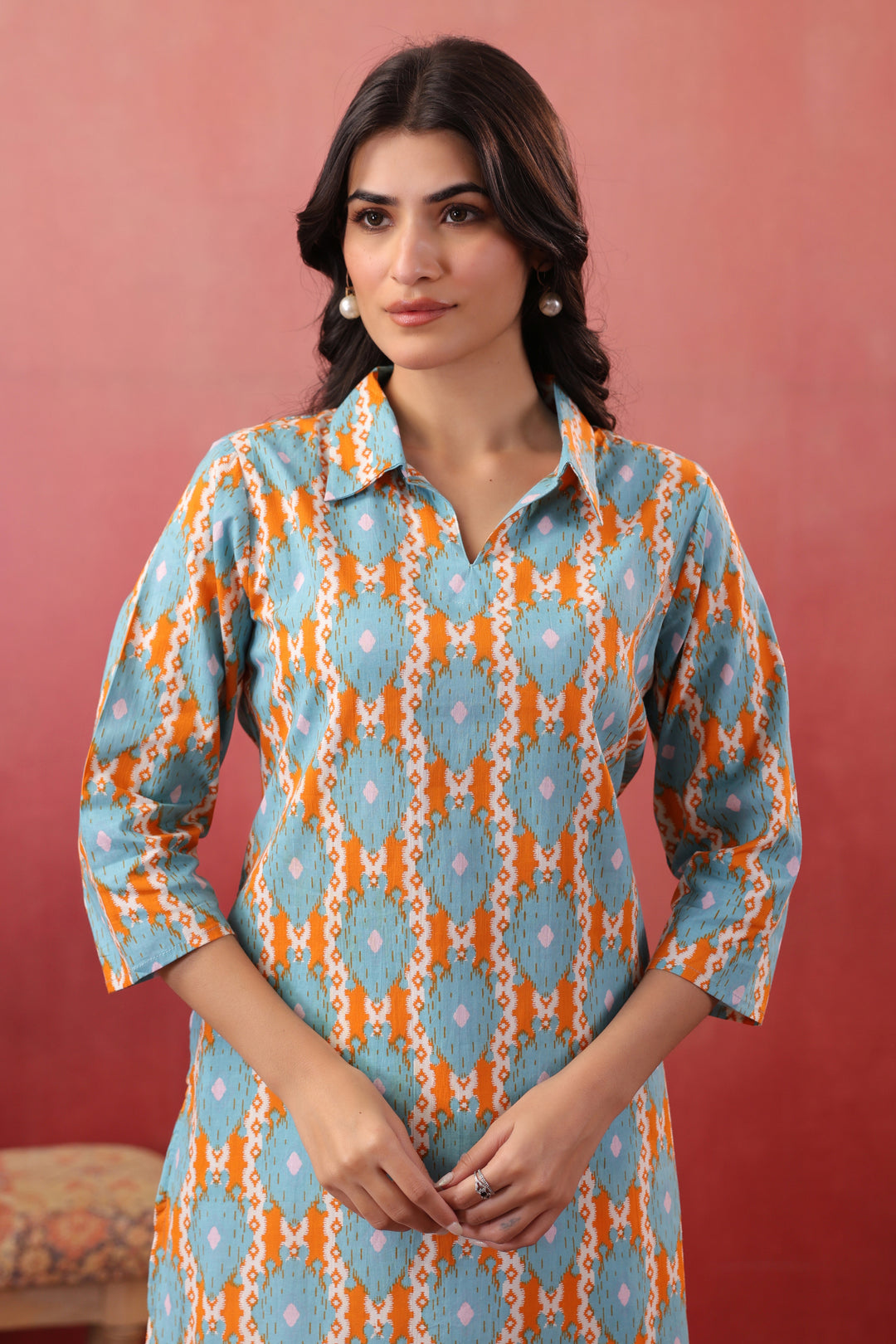 Sky Blue Cotton Printed Straight Kurta