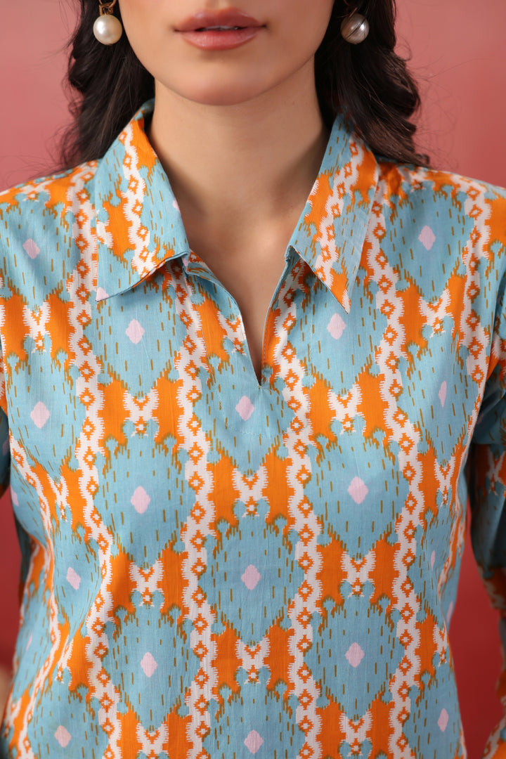 Sky Blue Cotton Printed Straight Kurta