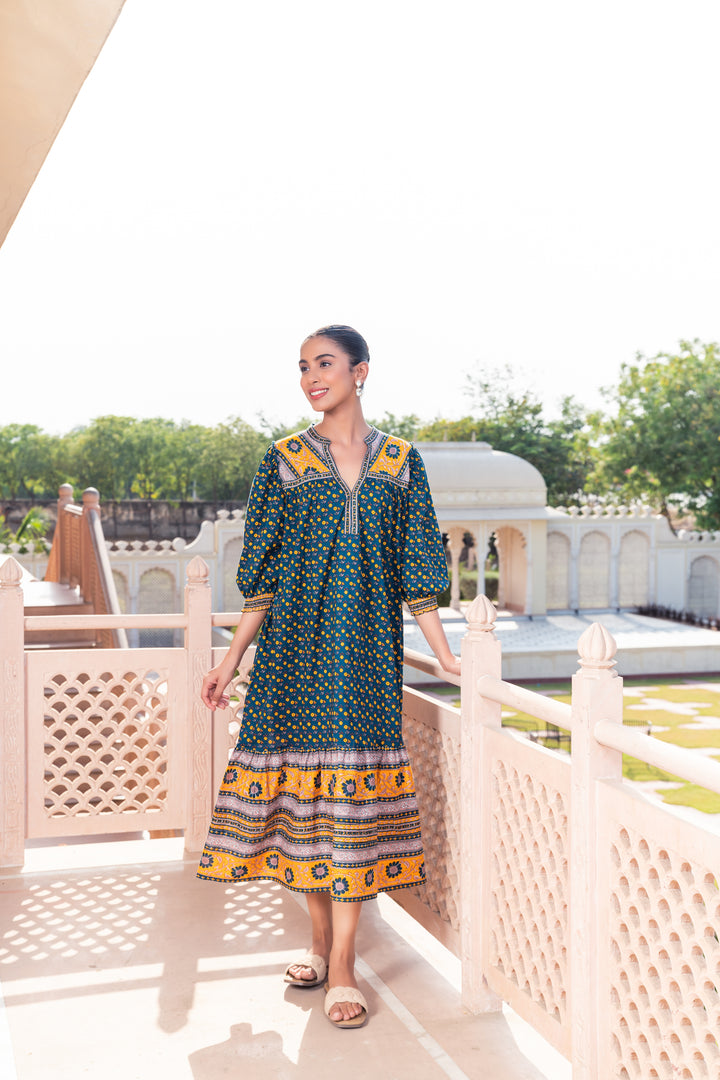 Teal Green Cotton Printed Designer Dress