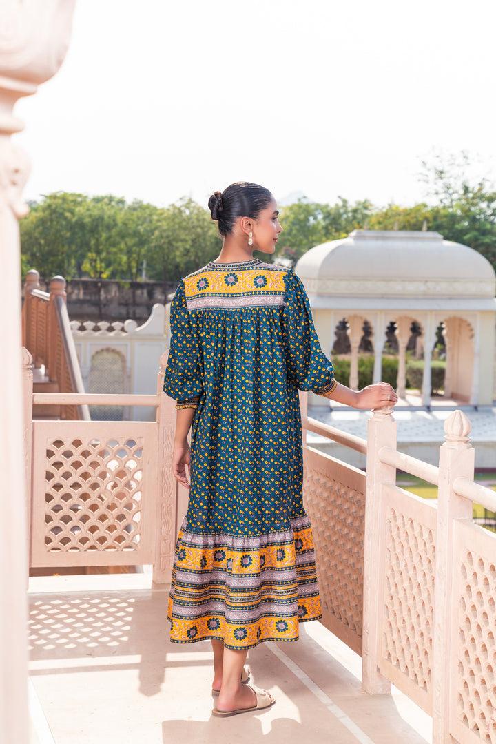 Teal Green Cotton Printed Designer Dress