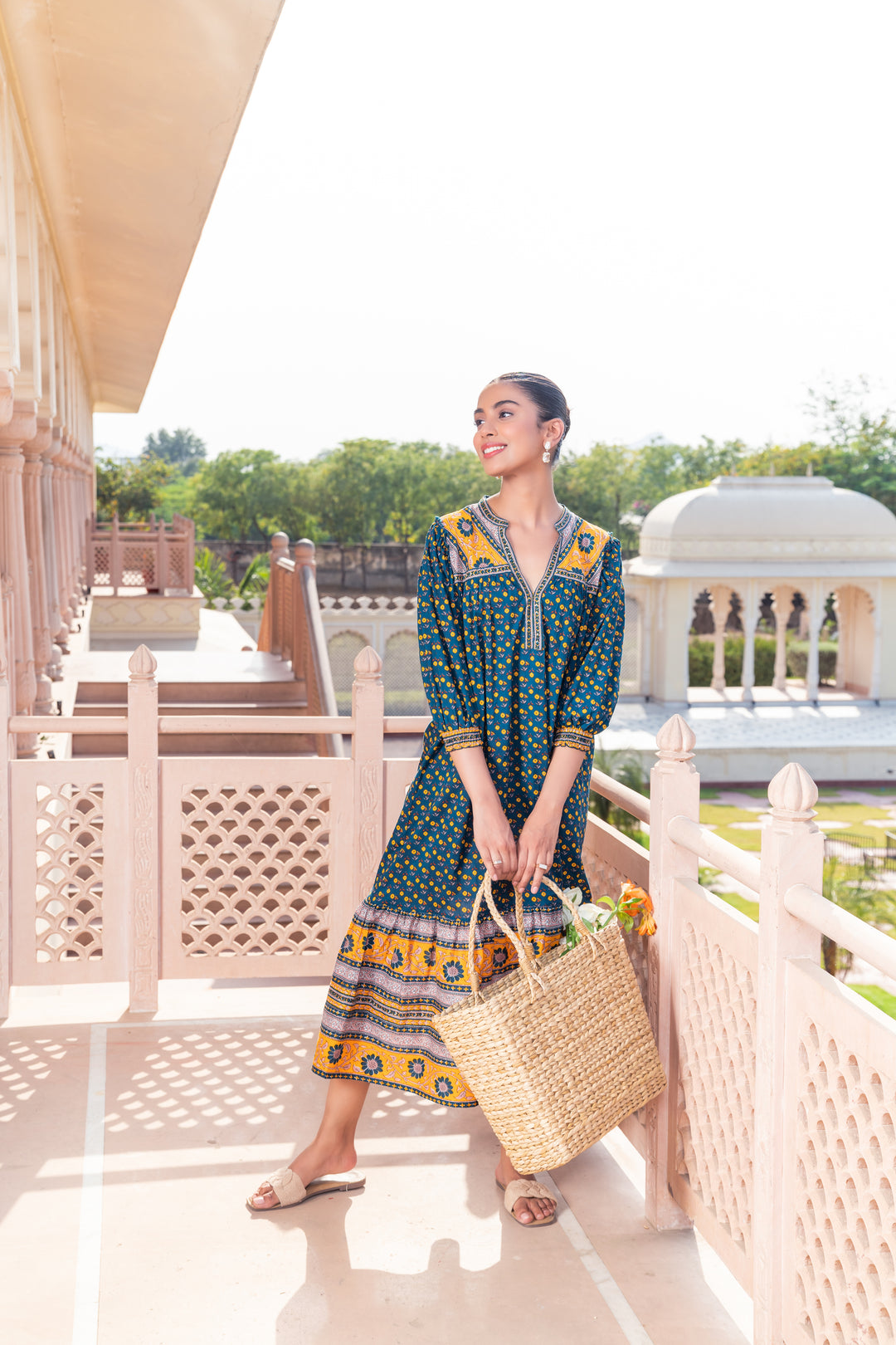 Teal Green Cotton Printed Designer Dress