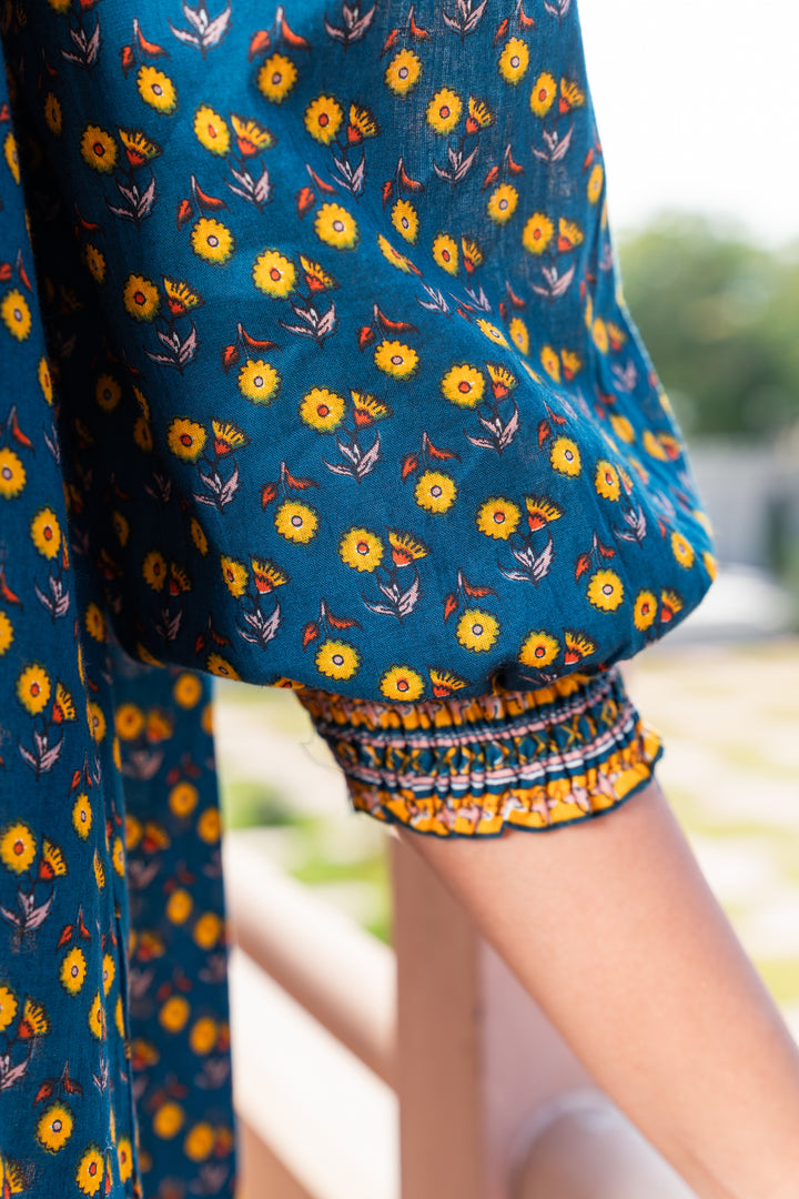 Teal Green Cotton Printed Designer Dress