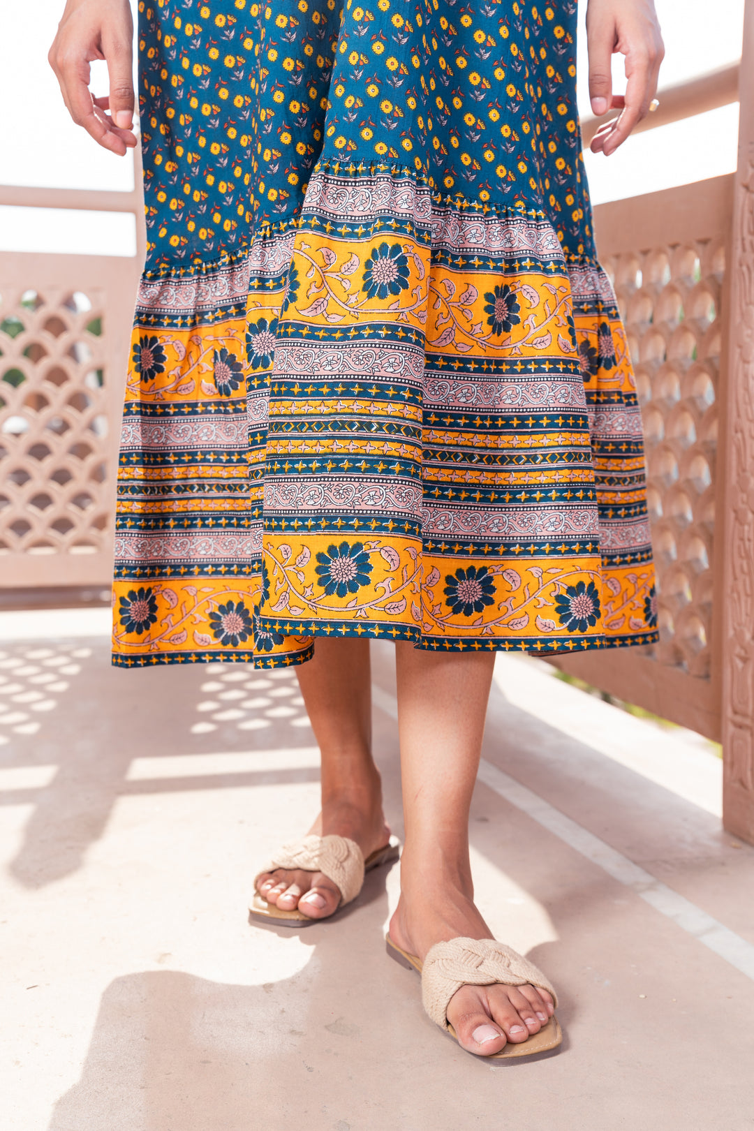 Teal Green Cotton Printed Designer Dress