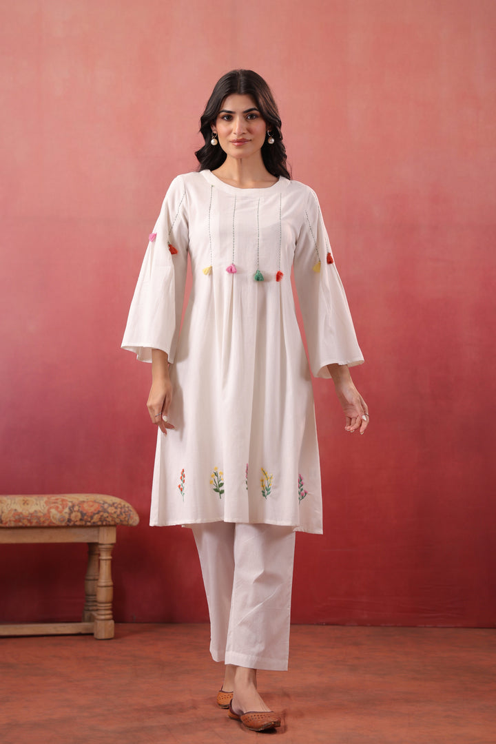 White Cotton Embroidered Designer A-Line Dress