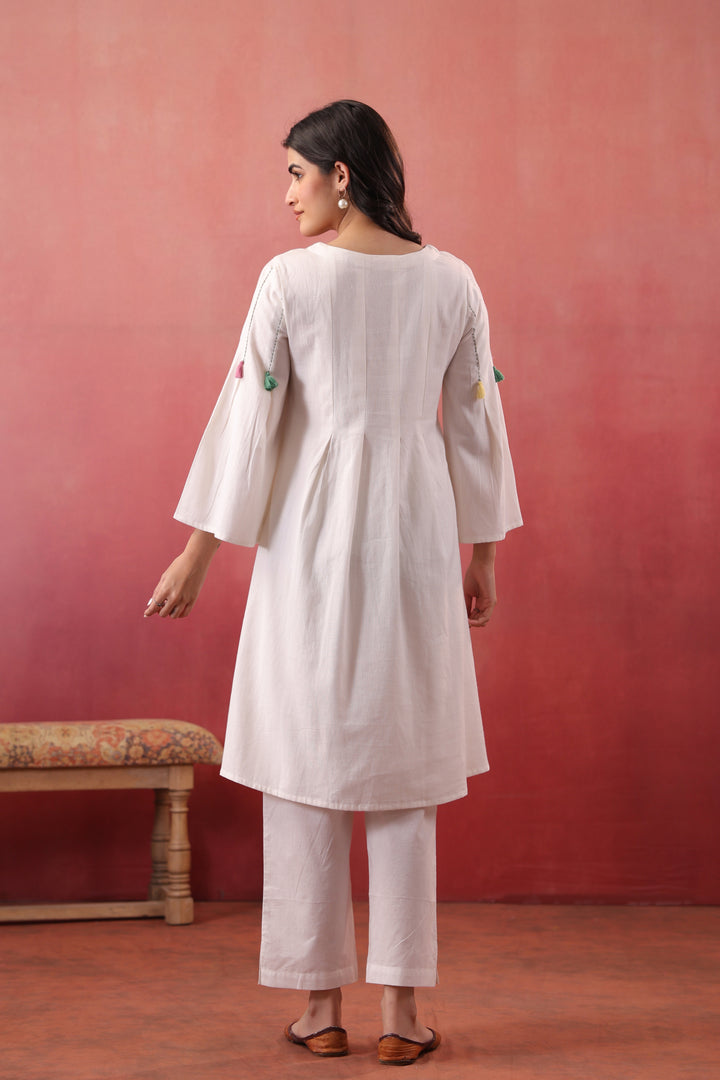 White Cotton Embroidered Designer A-Line Dress