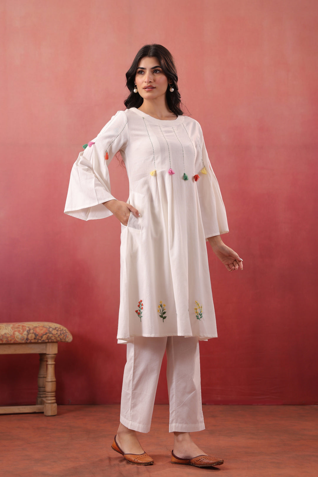 White Cotton Embroidered Designer A-Line Dress