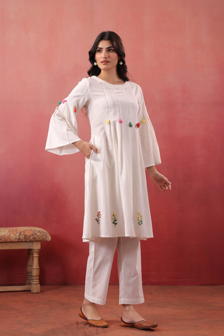 White Cotton Embroidered Designer A-Line Dress