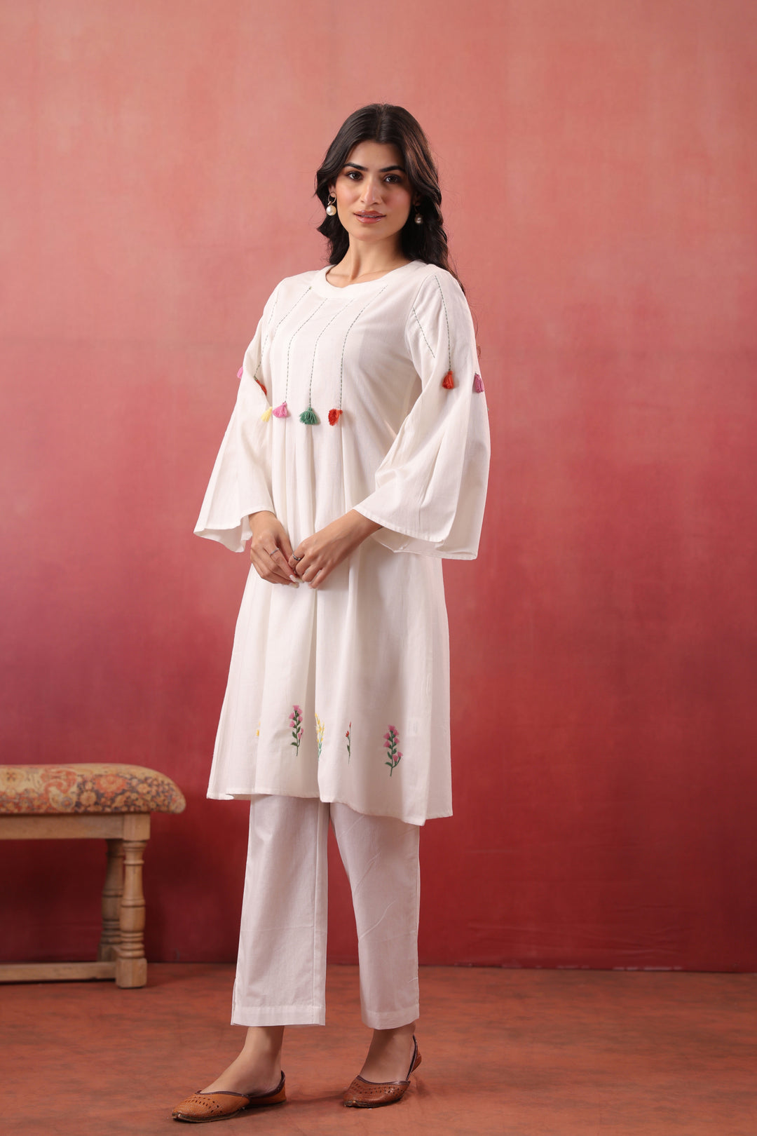 White Cotton Embroidered Designer A-Line Dress