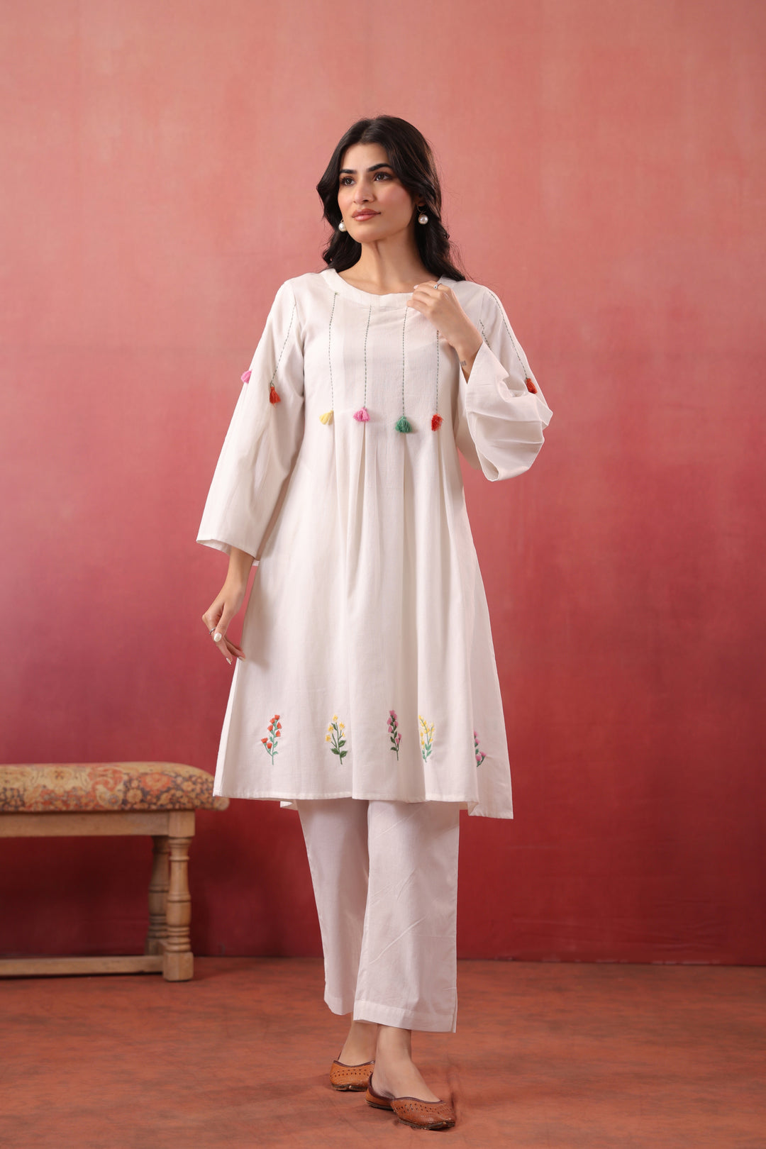 White Cotton Embroidered Designer A-Line Dress