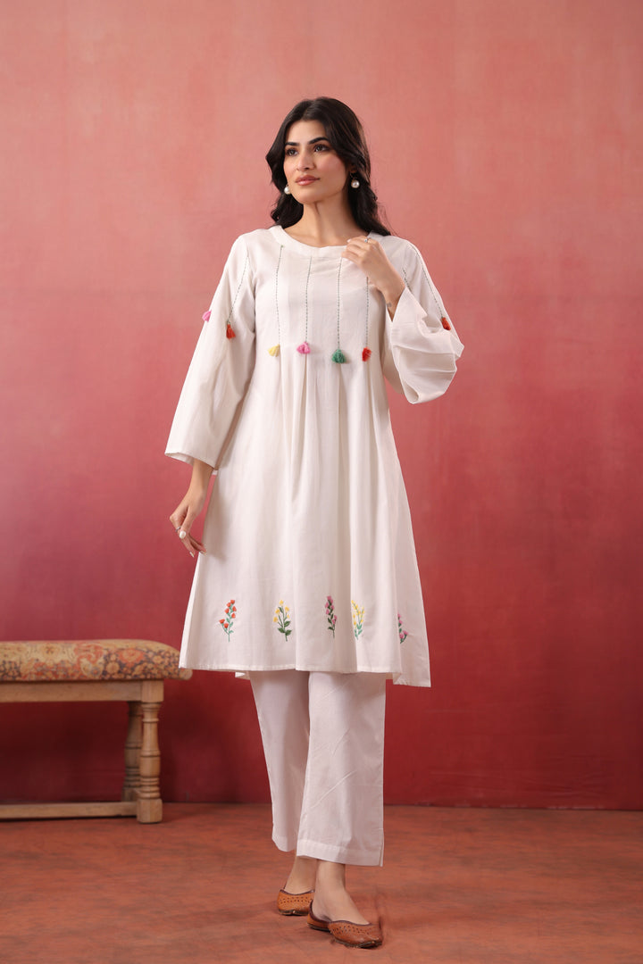 White Cotton Embroidered Designer A-Line Dress