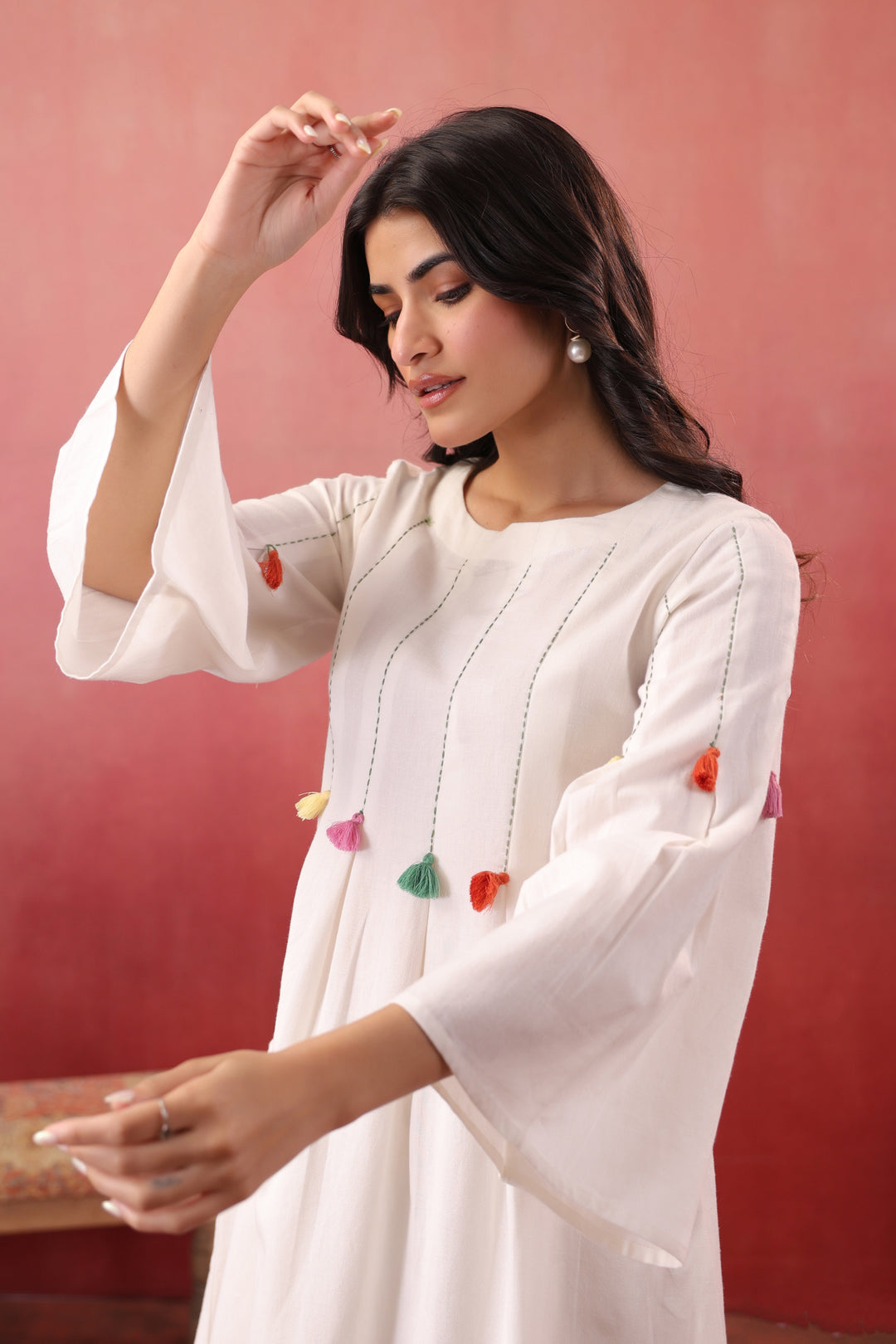 White Cotton Embroidered Designer A-Line Dress