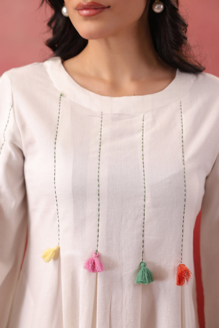 White Cotton Embroidered Designer A-Line Dress