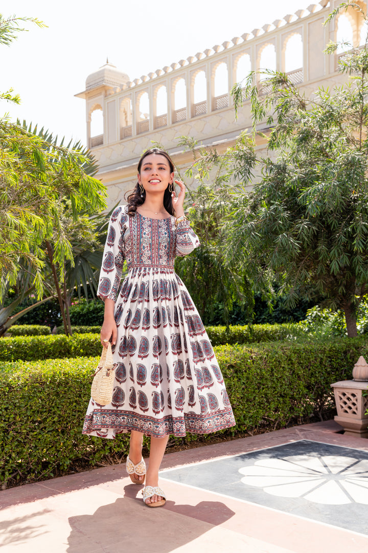 White Cotton Printed Flared Designer Dress