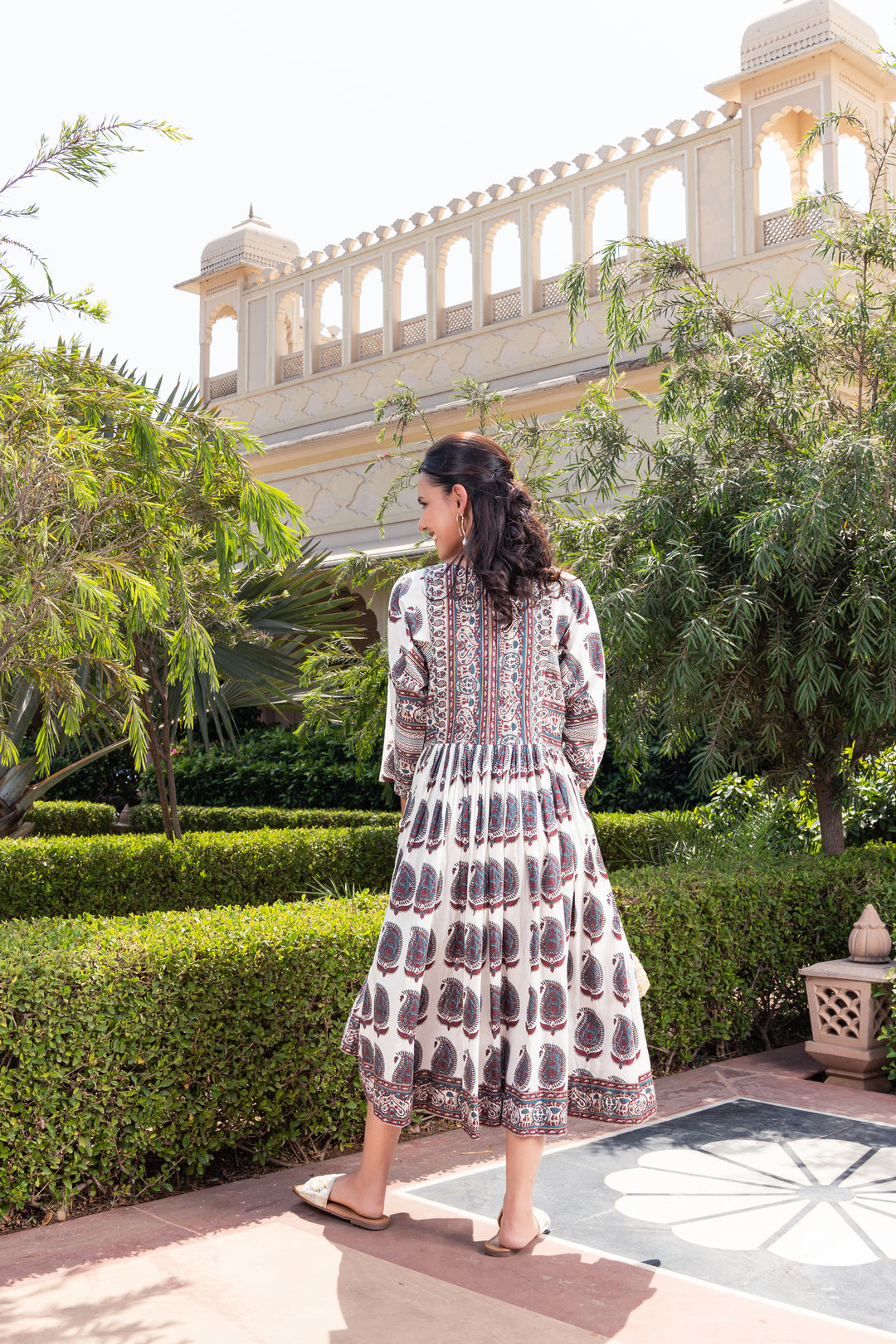 White Cotton Printed Flared Designer Dress
