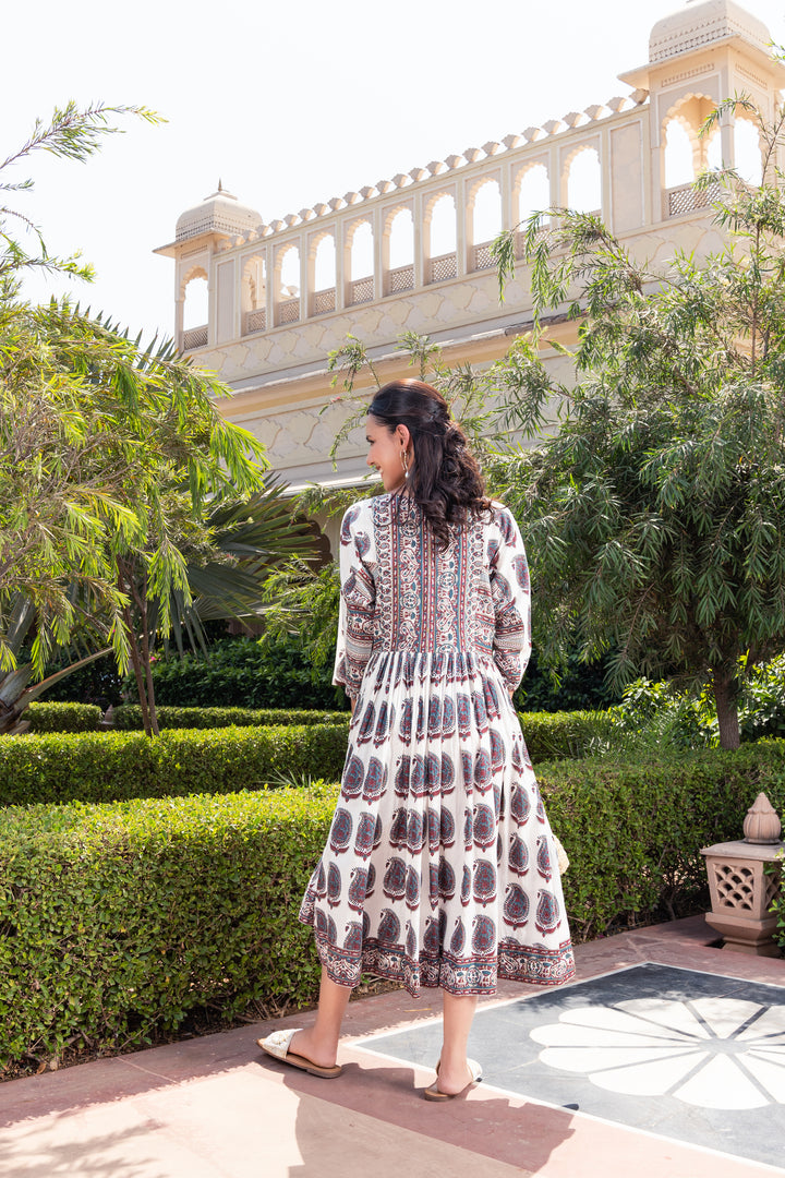 White Cotton Printed Flared Designer Dress