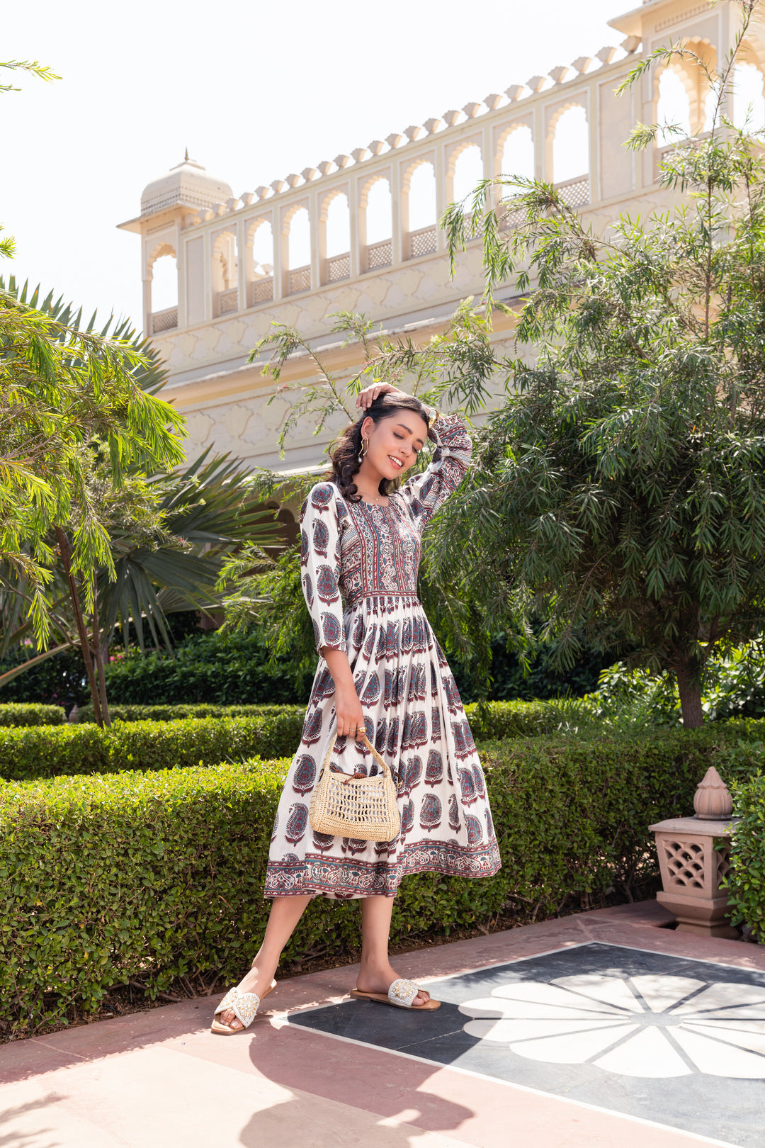 White Cotton Printed Flared Designer Dress