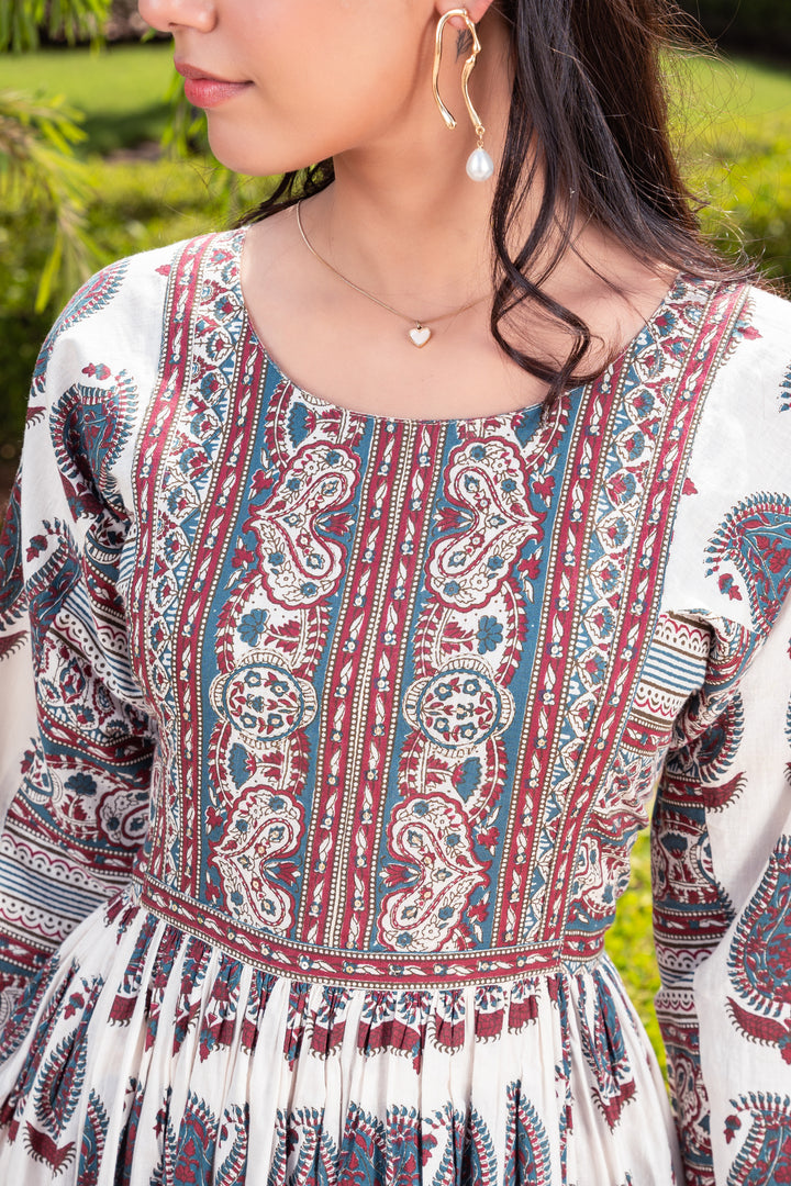 White Cotton Printed Flared Designer Dress
