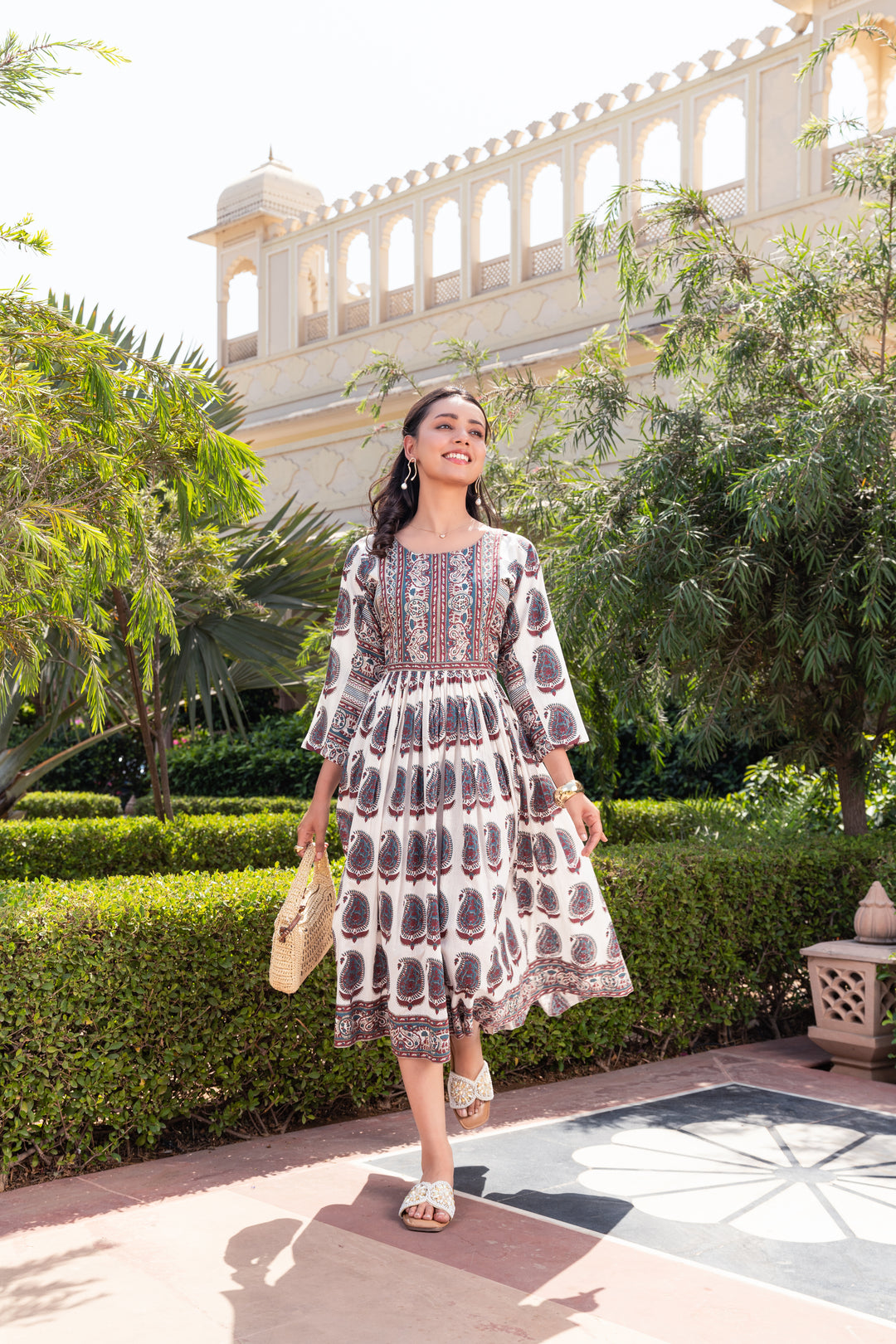 White Cotton Printed Flared Designer Dress