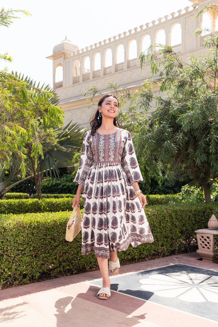 White Cotton Printed Flared Designer Dress
