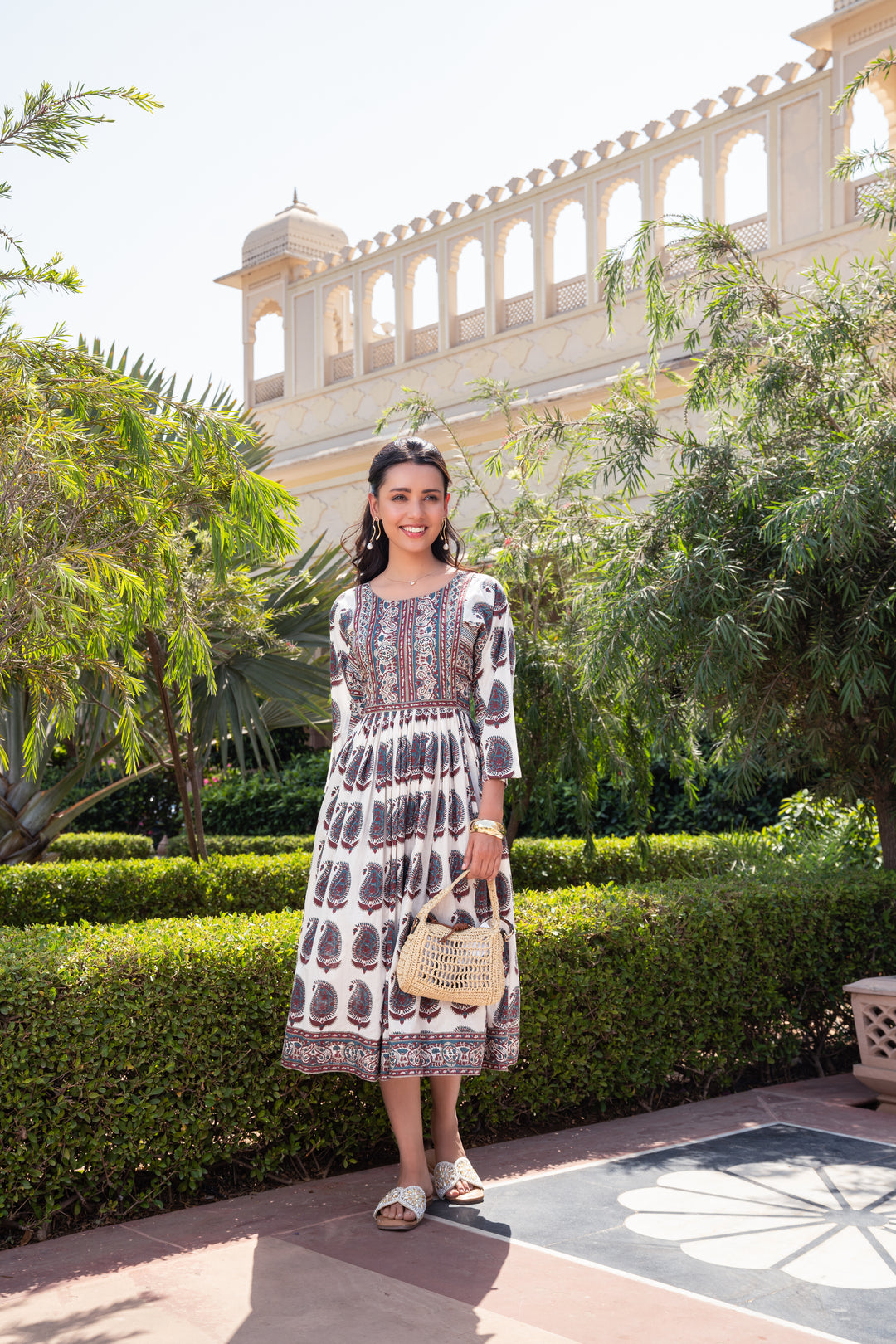 White Cotton Printed Flared Designer Dress