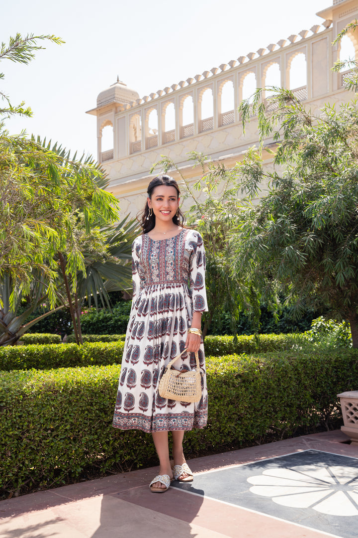 White Cotton Printed Flared Designer Dress