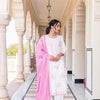White & Pink Cotton Yarn dyed Kurta Pant With Dupatta