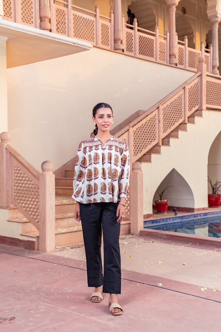 White Cotton Printed Designer Top