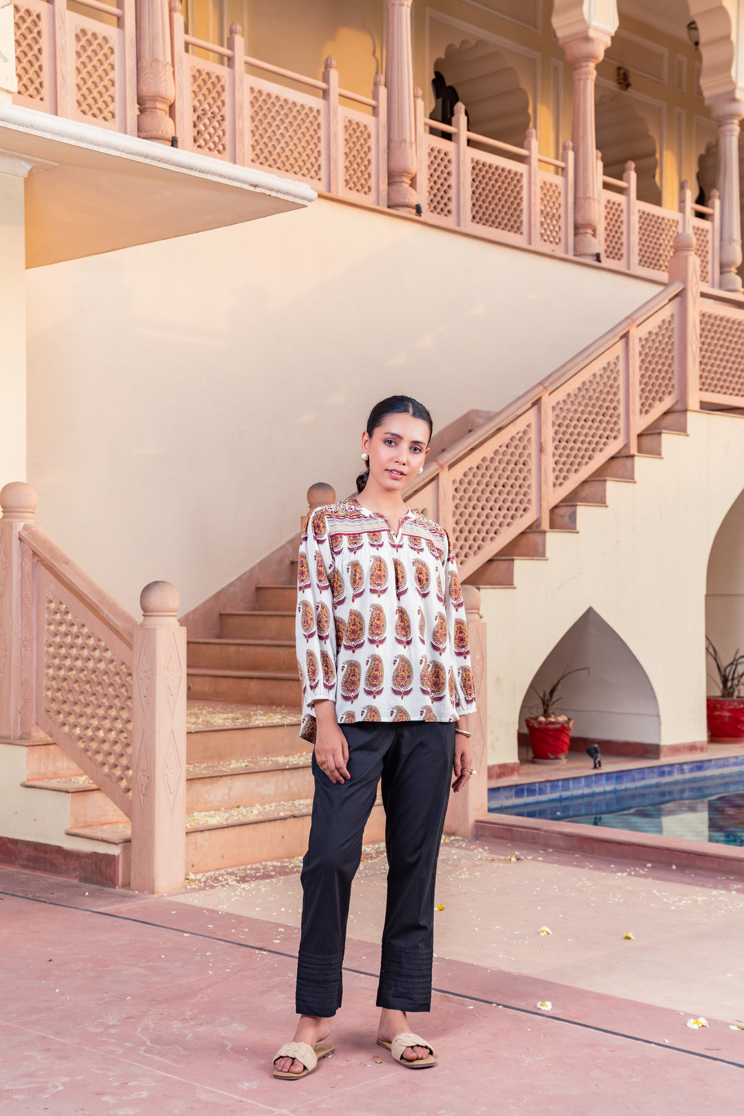 White Cotton Printed Designer Top