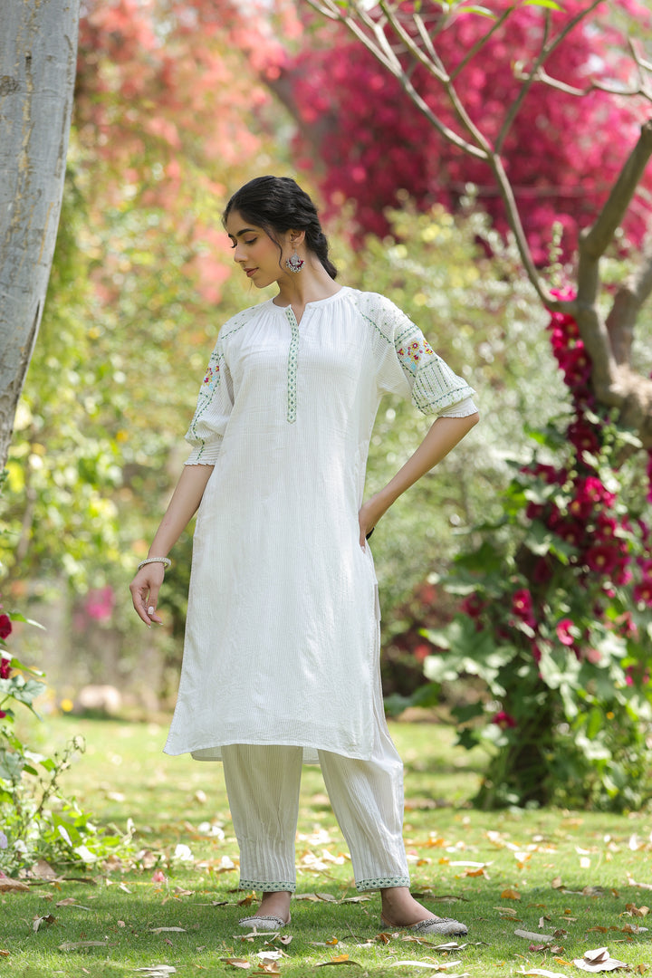 Cotton white embroidered designer kurta pant set