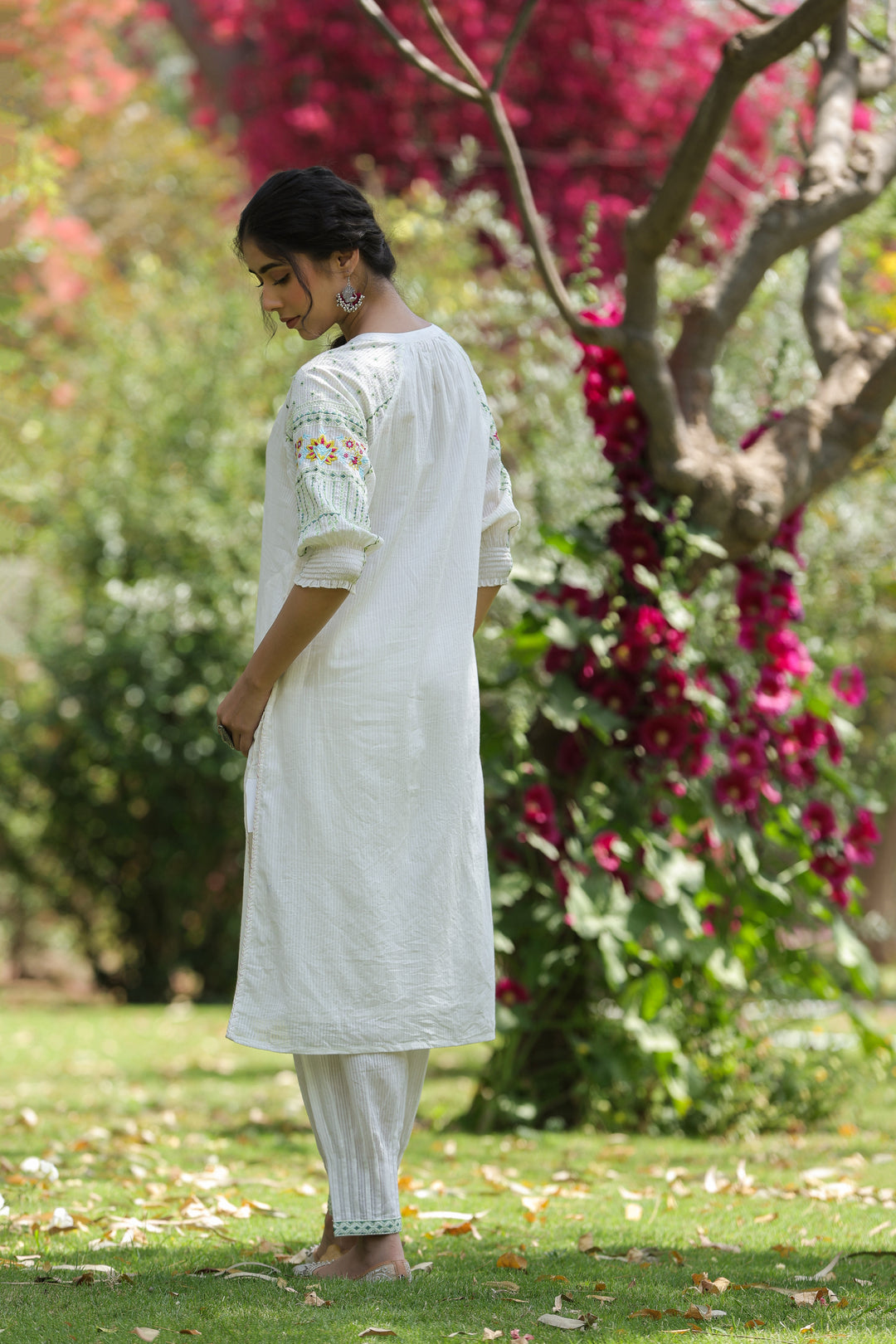 Cotton white embroidered designer kurta pant set