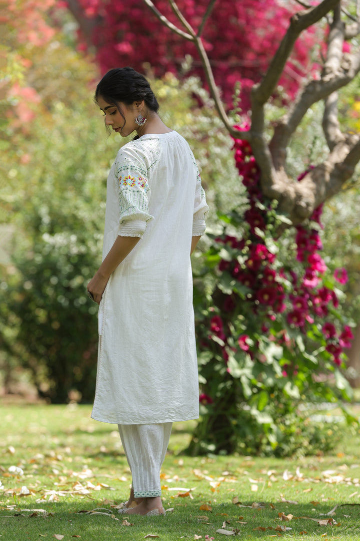 Cotton white embroidered designer kurta pant set