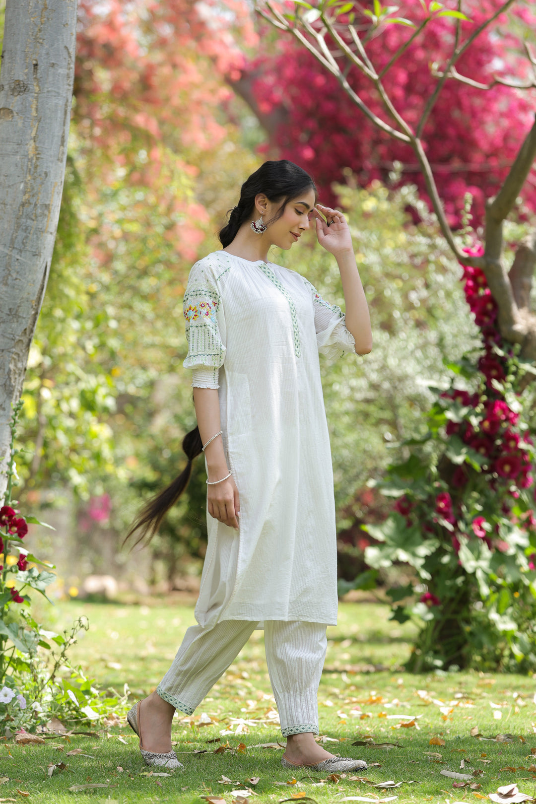Cotton white embroidered designer kurta pant set