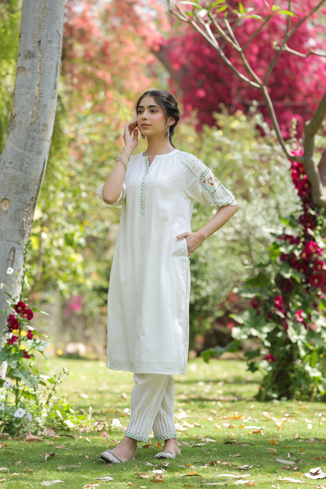 Cotton white embroidered designer kurta pant set