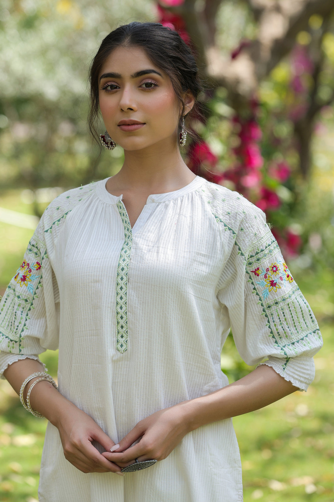 Cotton white embroidered designer kurta pant set
