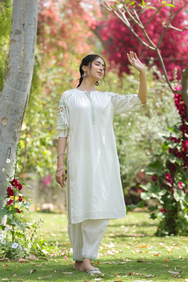 Cotton white embroidered designer kurta pant set