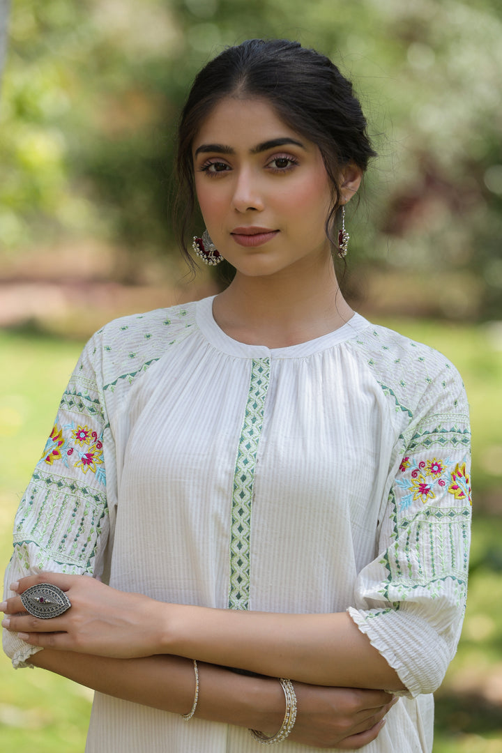 Cotton white embroidered designer kurta pant set