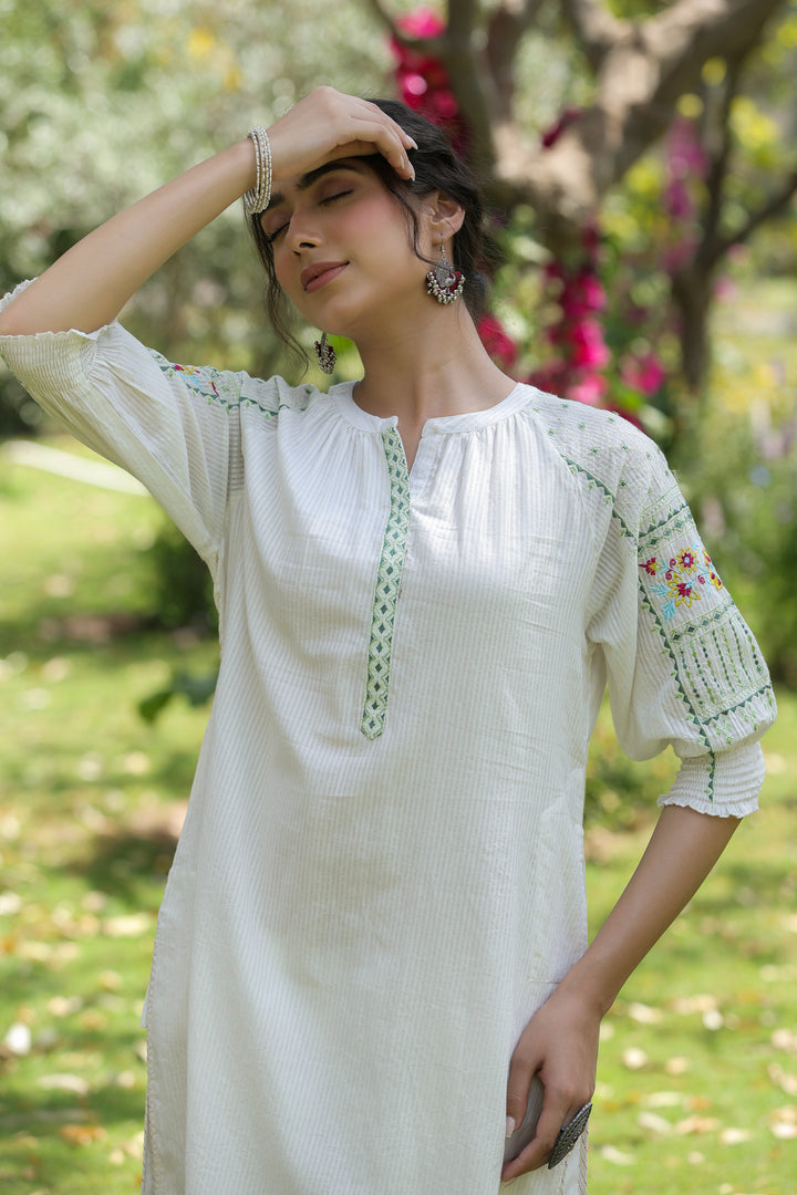 Cotton white embroidered designer kurta pant set