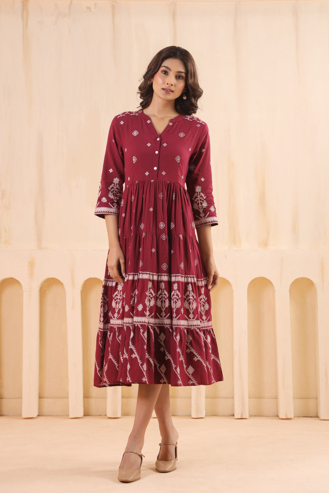 Maroon Cotton Slub Printed Flared Dress Savi India Maroon Cotton Slub Printed Flared Dress Savi India