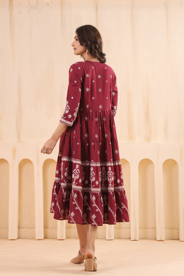 Maroon Cotton Slub Printed Flared Dress