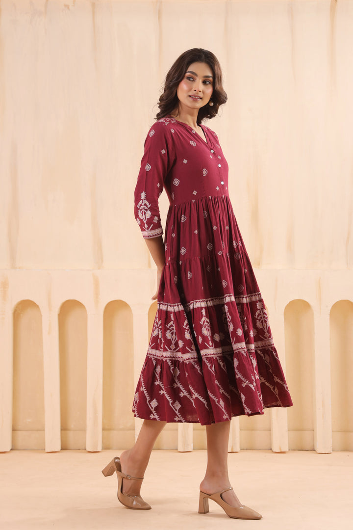Maroon Cotton Slub Printed Flared Dress