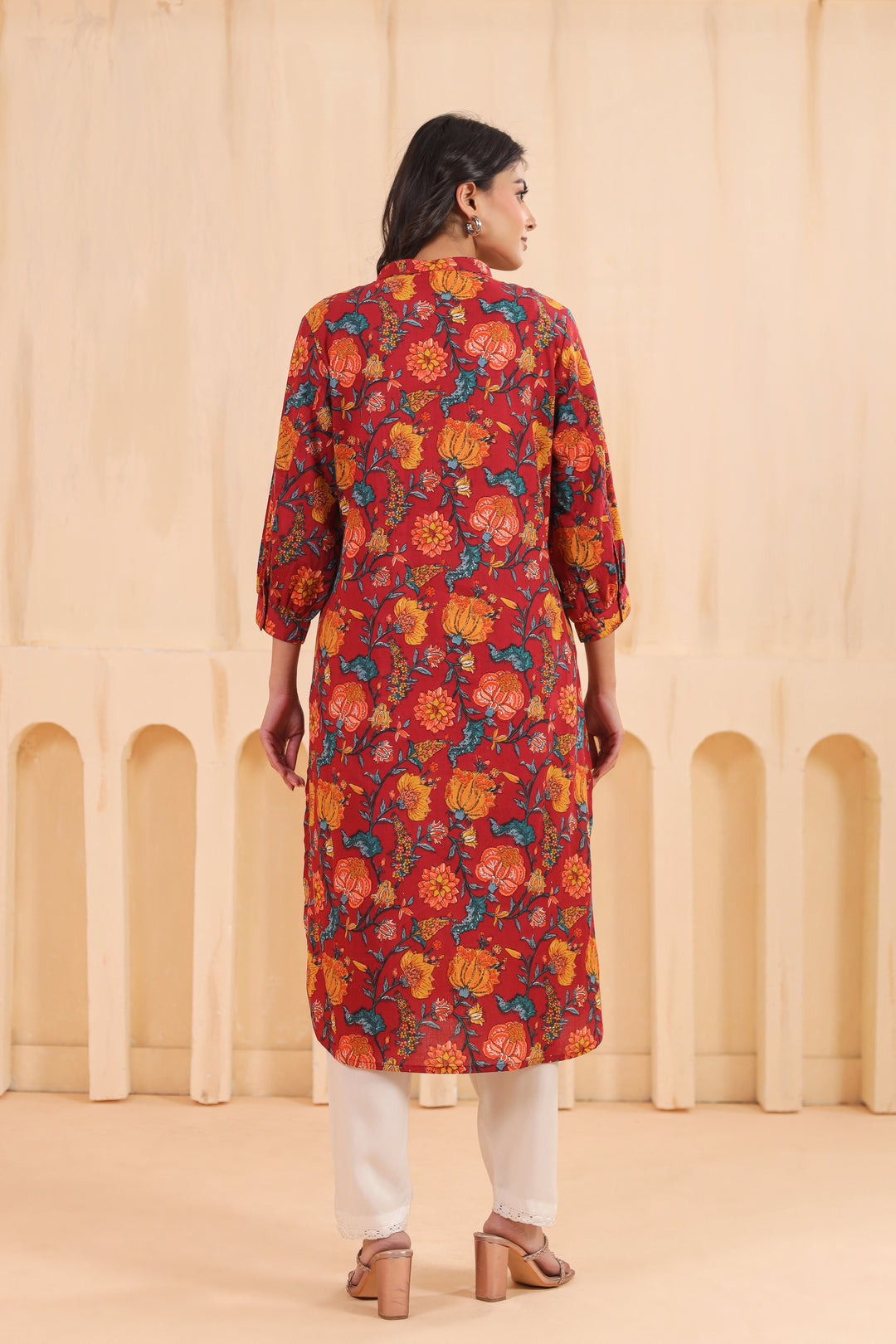 Red Cotton Printed Straight Kurta