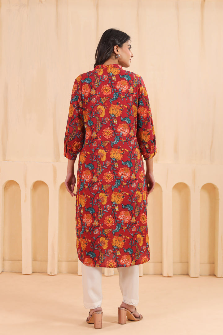 Red Cotton Printed Straight Kurta