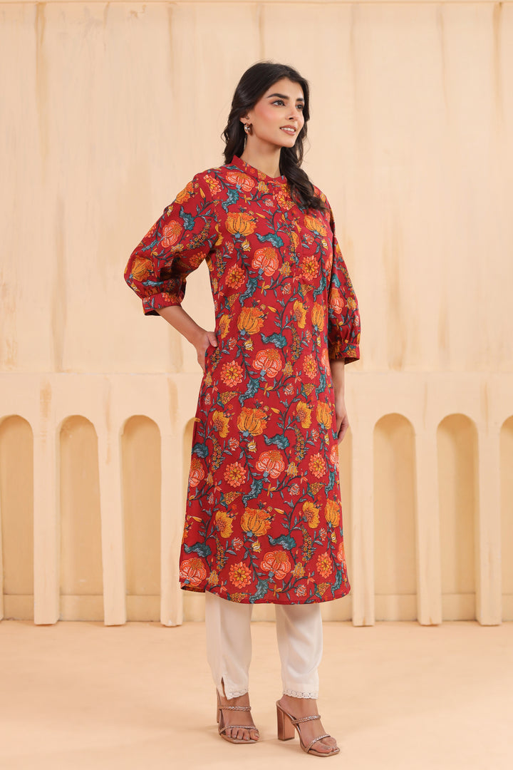 Red Cotton Printed Straight Kurta