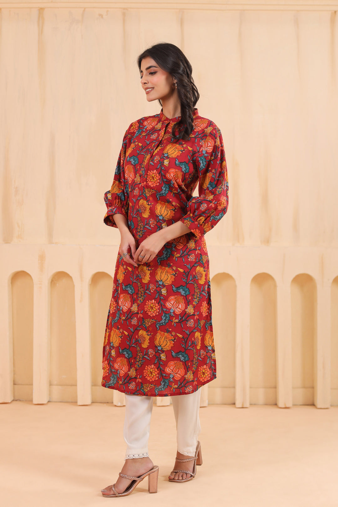 Red Cotton Printed Straight Kurta