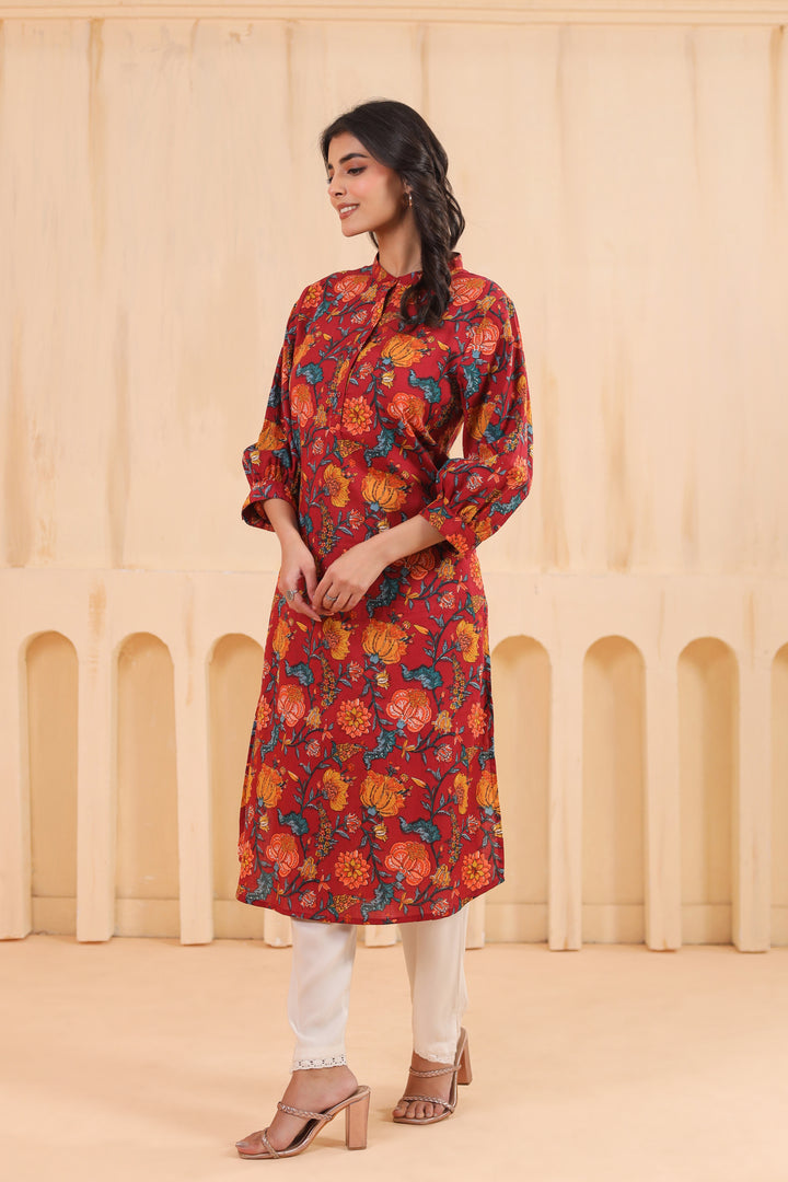Red Cotton Printed Straight Kurta