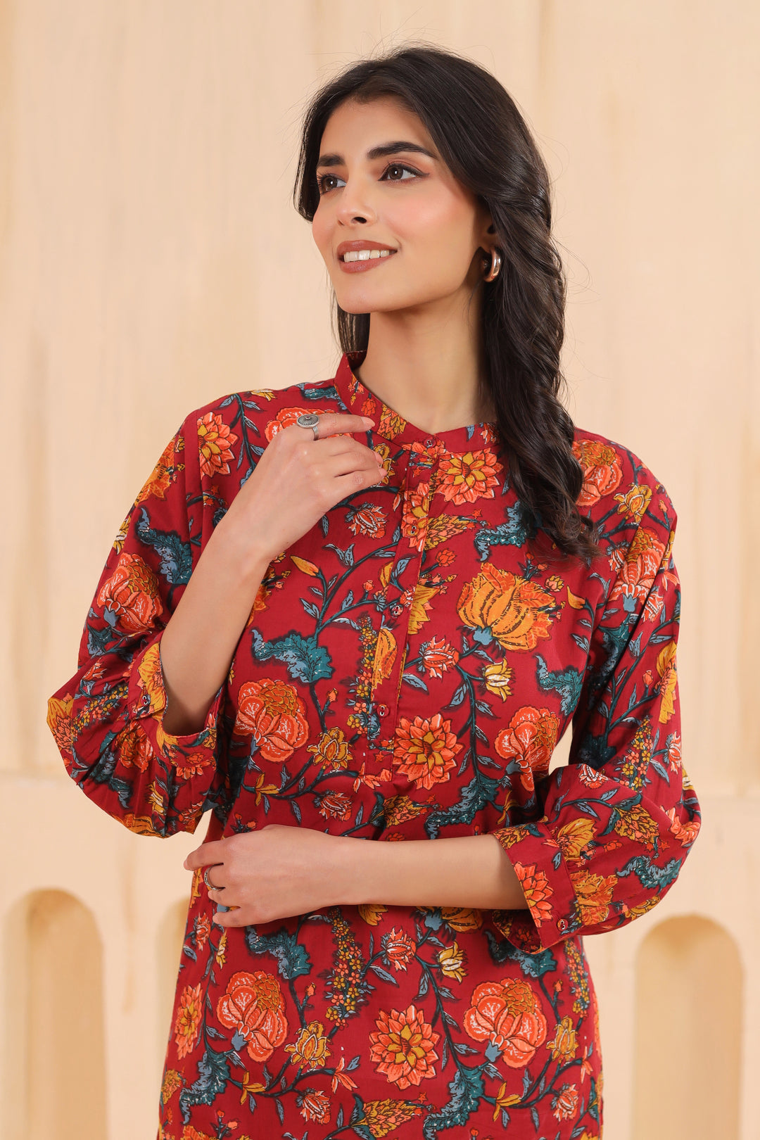 Red Cotton Printed Straight Kurta