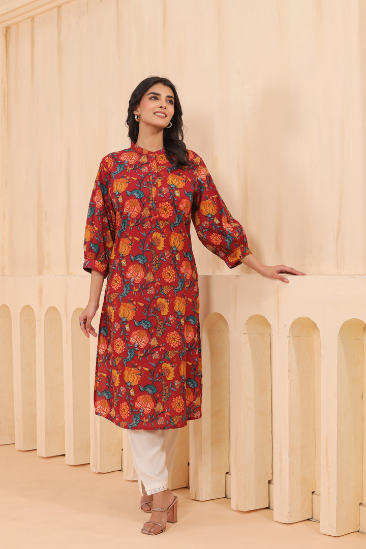 Red Cotton Printed Straight Kurta