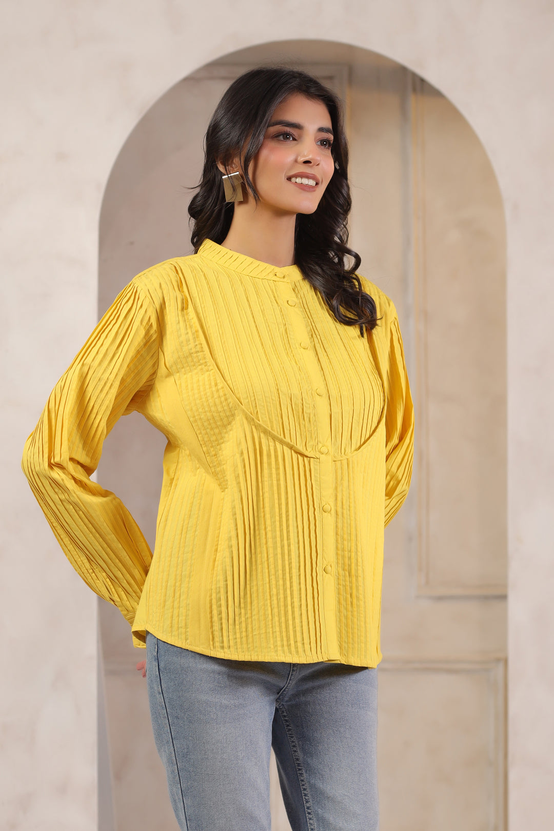 Yellow Cotton Solid Shirt Top